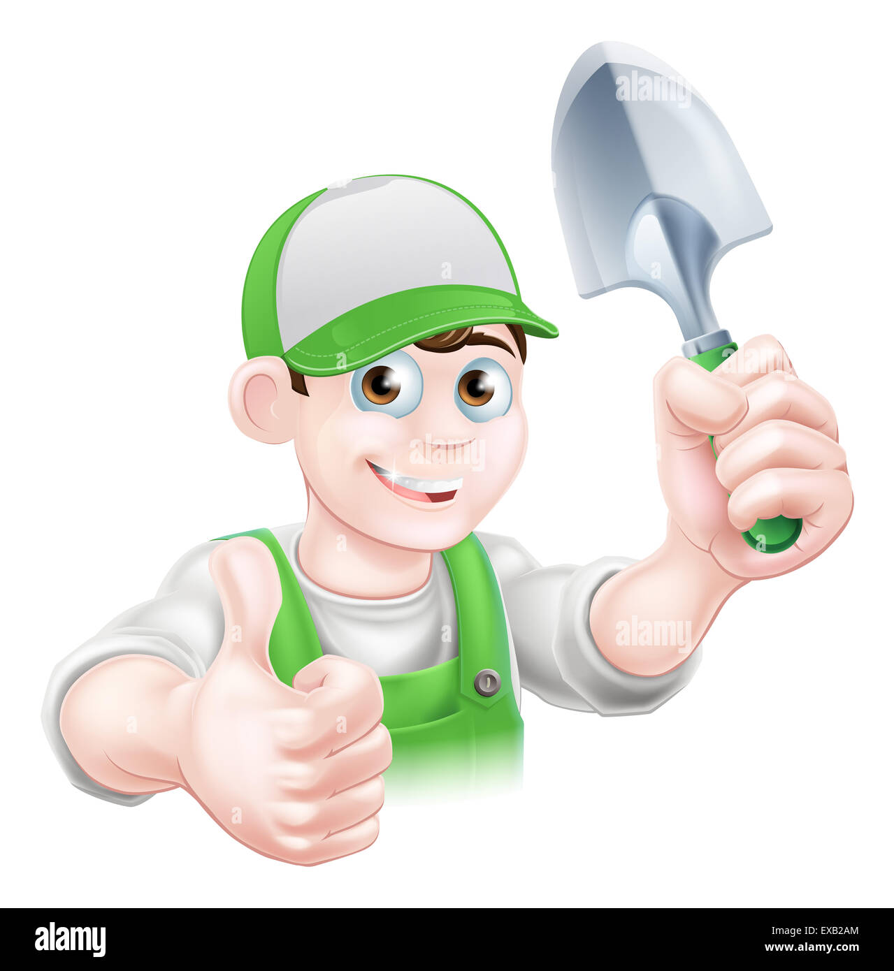 Happy cartoon giardiniere carattere in un cappuccio e salopette da tenendo un giardino cazzuola strumento a forcella e dando un pollice in alto Foto Stock