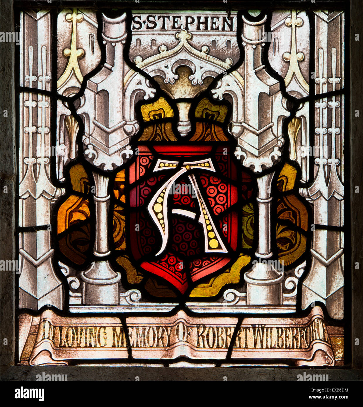 Alfa, finestra orientale dettaglio, la chiesa di San Lorenzo, Barton-sul-l'Heath, Warwickshire, Inghilterra, Regno Unito Foto Stock