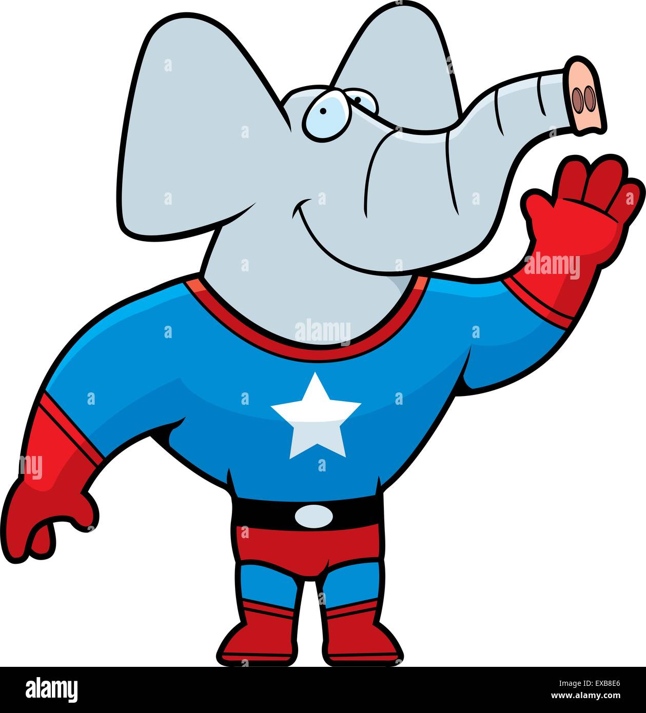Un felice cartoon superhero elefante in un costume. Illustrazione Vettoriale