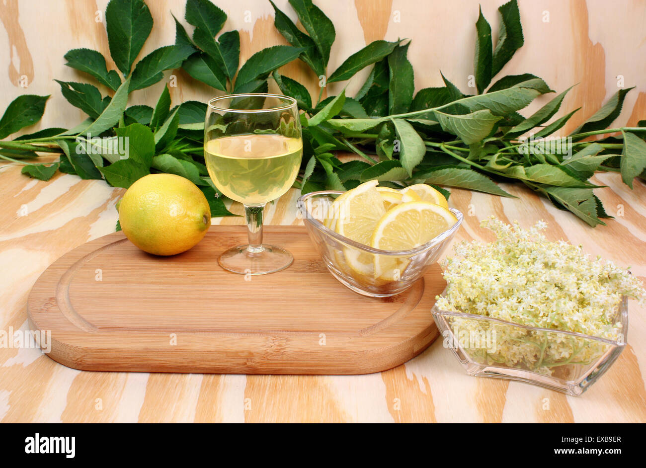 Un sano bicchiere di limonata fresca con fiori di sambuco Foto Stock