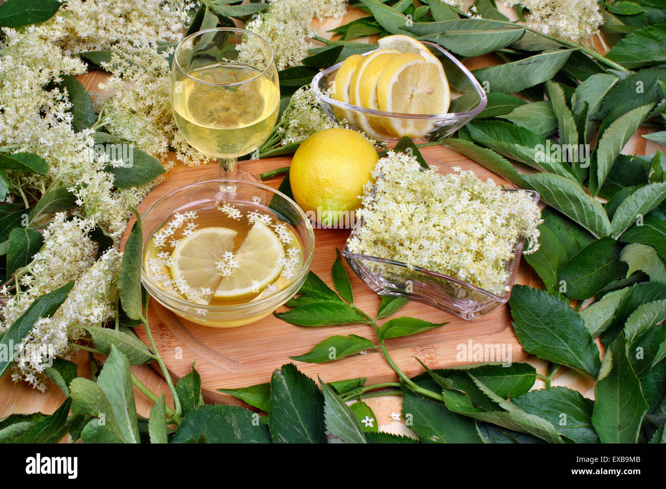 Un sano bicchiere di limonata fresca con fiori di sambuco Foto Stock