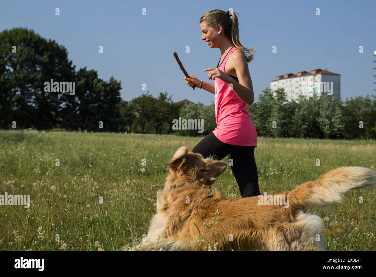 Ragazza bionda che gioca con il suo cane al parco Foto Stock