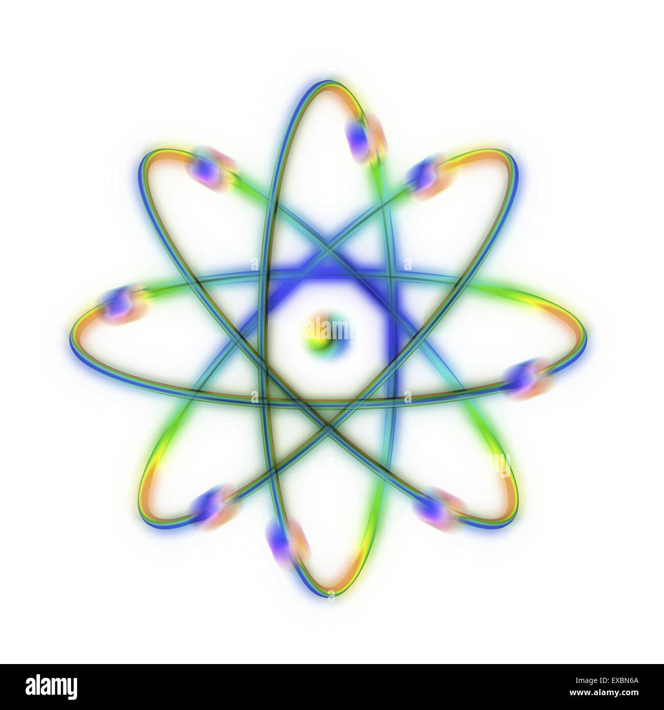 Struttura atomica. Calcolatore concettuale illustrazione che rappresenta la struttura di un atomo. Otto gli elettroni sono visto che orbita intorno al Foto Stock