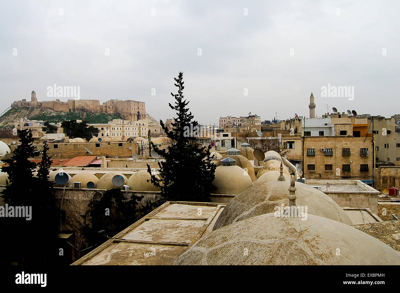 I tetti della città di Aleppo con Citadel - Siria Foto Stock