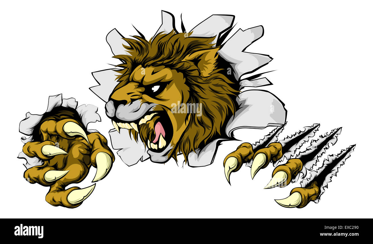 Un pauroso lion ripping mascotte attraverso lo sfondo con artigli affilati Foto Stock