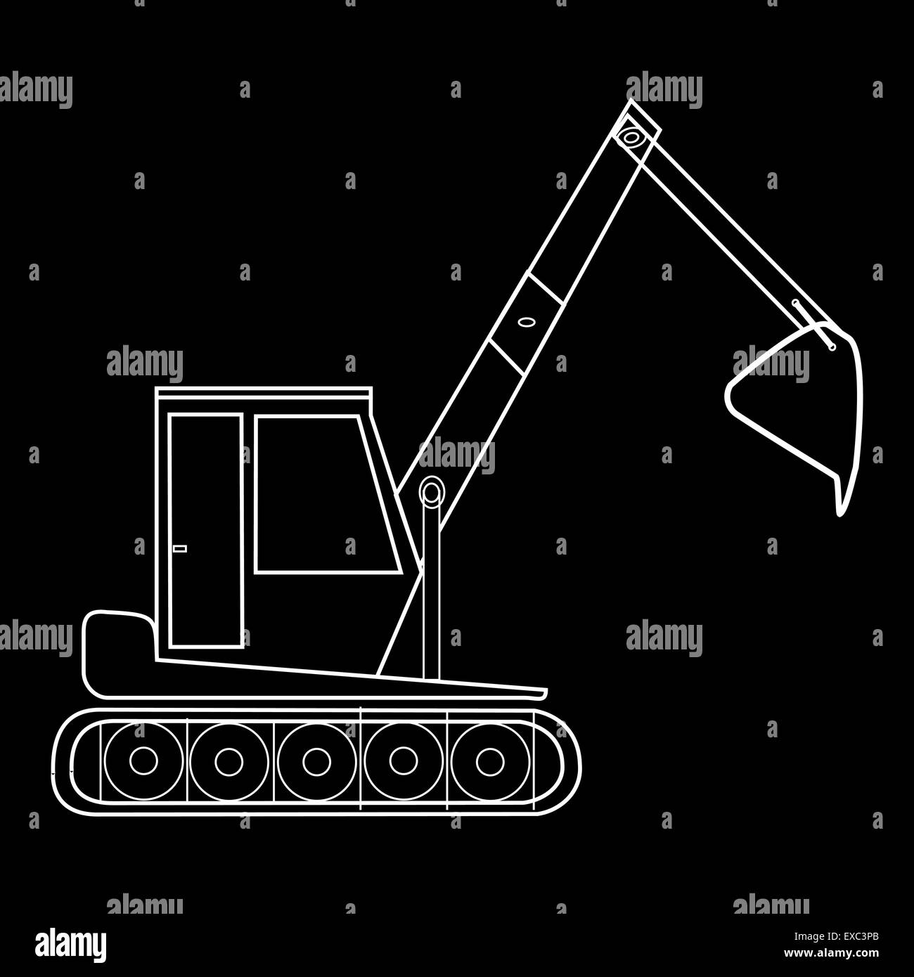 Escavatore con benna costruzione di opere stradali. Bianco e nero silhouette speciali per auto Illustrazione Vettoriale