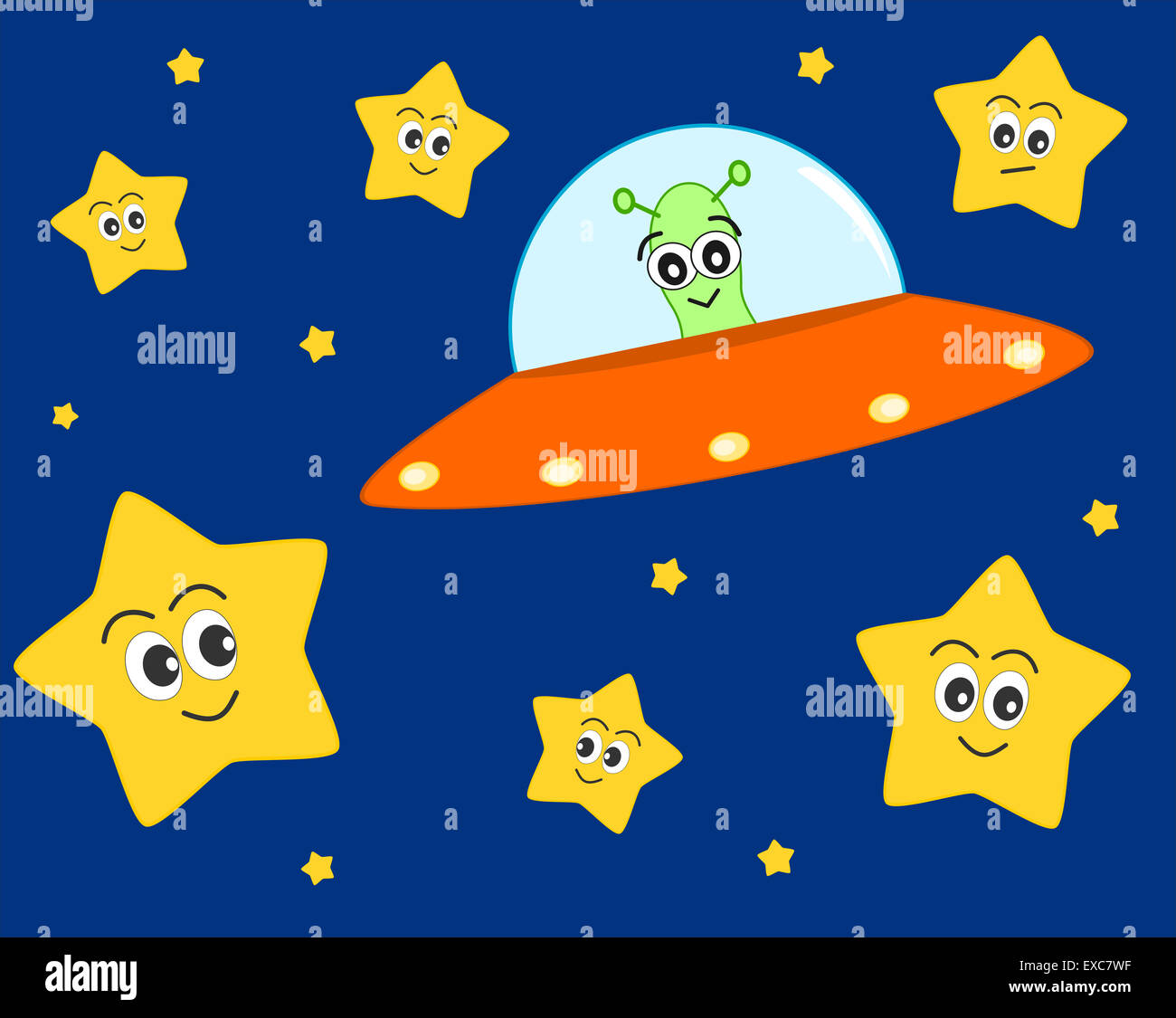 Carino ufo alien cartoon nello spazio con i dolci di belle stelle illustrazione per ragazzi Foto Stock