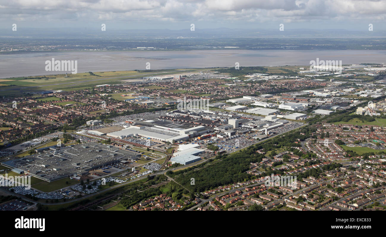 Vista aerea della Jaguar Land Rover Auto impianto di fabbricazione a Halewood, Liverpool, Regno Unito Foto Stock