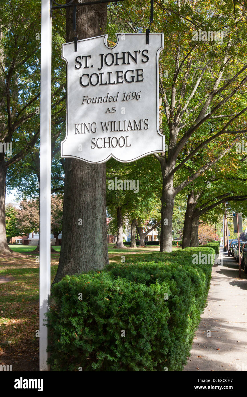 Segno per la storica St John's College di Annapolis, Maryland. Foto Stock