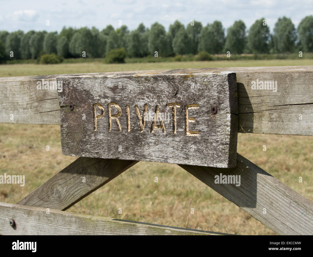 Un vecchio legno 'private' segno su un gateway a un campo. Foto Stock