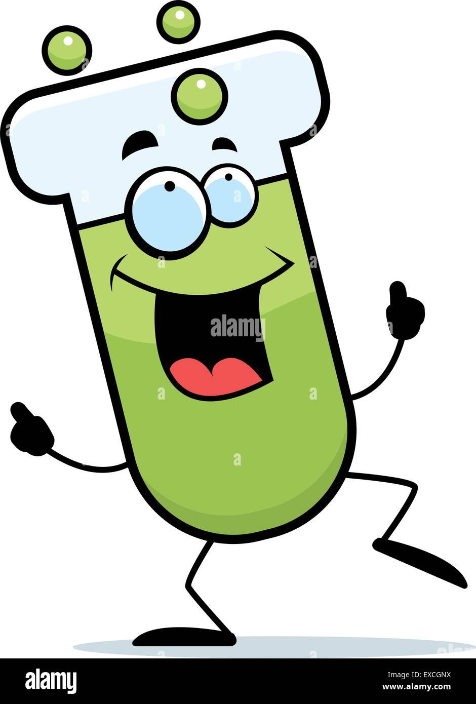 Un felice cartoon provetta dancing e sorridente. Illustrazione Vettoriale
