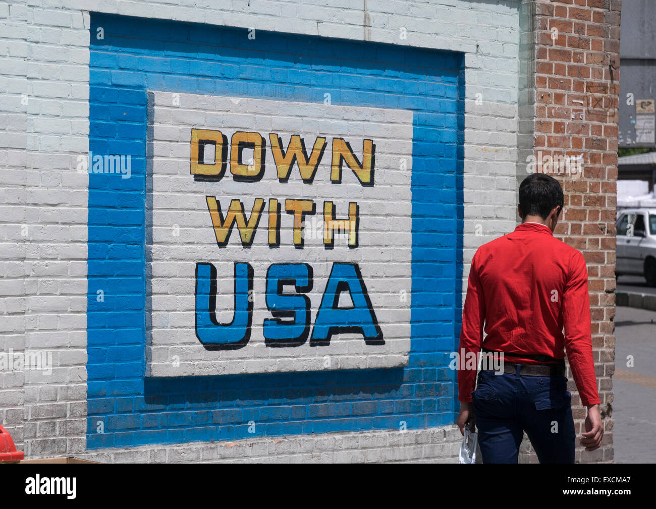 Anti-American murale sulla parete della ex Ambasciata Americana, Shemiranat County, Teheran, Iran Foto Stock