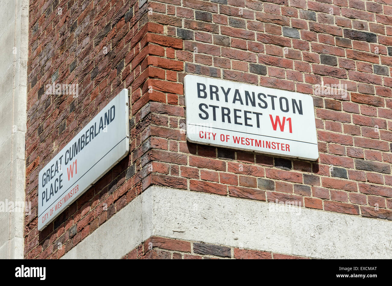 London street indicazioni per Great Cumberland Place e Bryanston Street, W1 Foto Stock