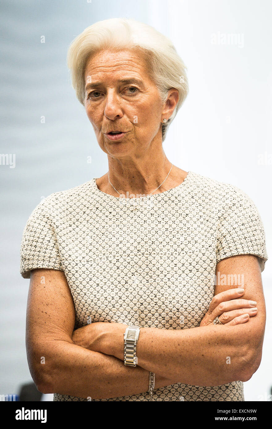 Fondo monetario internazionale (FMI) Direttore Christine Lagarde prima dell'Eurogruppo, i ministri delle finanze della moneta unica zona euro incontro presso la sede centrale dell'UE a Bruxelles in Belgio su 11.07.2015 i Ministri delle finanze si incontrano per valutare la richiesta della Grecia di un nuovo pacchetto di salvataggio da Wiktor Dabkowski Foto Stock