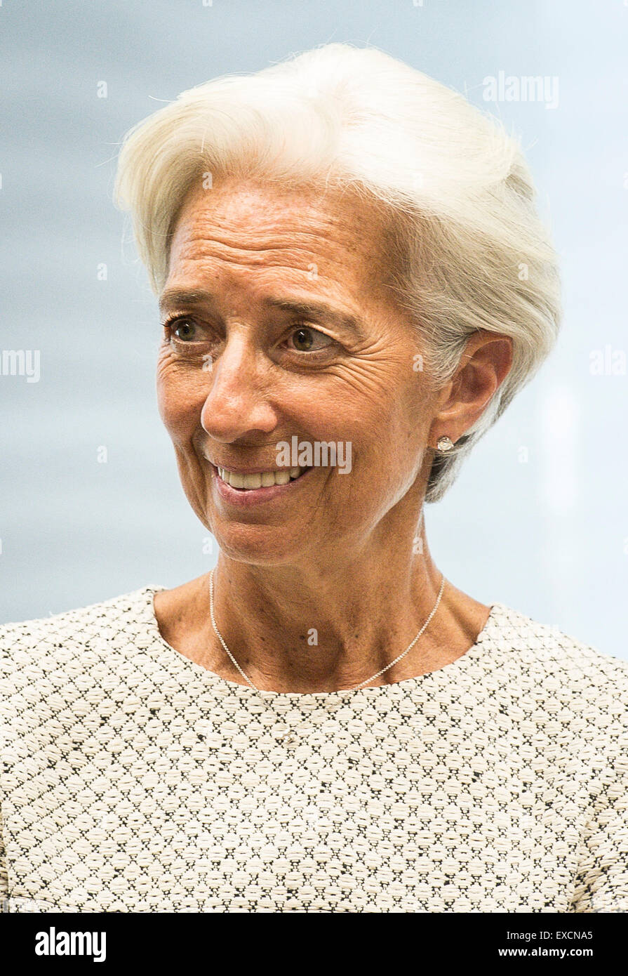 Fondo monetario internazionale (FMI) Direttore Christine Lagarde prima dell'Eurogruppo, i ministri delle finanze della moneta unica zona euro incontro presso la sede centrale dell'UE a Bruxelles in Belgio su 11.07.2015 i Ministri delle finanze si incontrano per valutare la richiesta della Grecia di un nuovo pacchetto di salvataggio da Wiktor Dabkowski Foto Stock