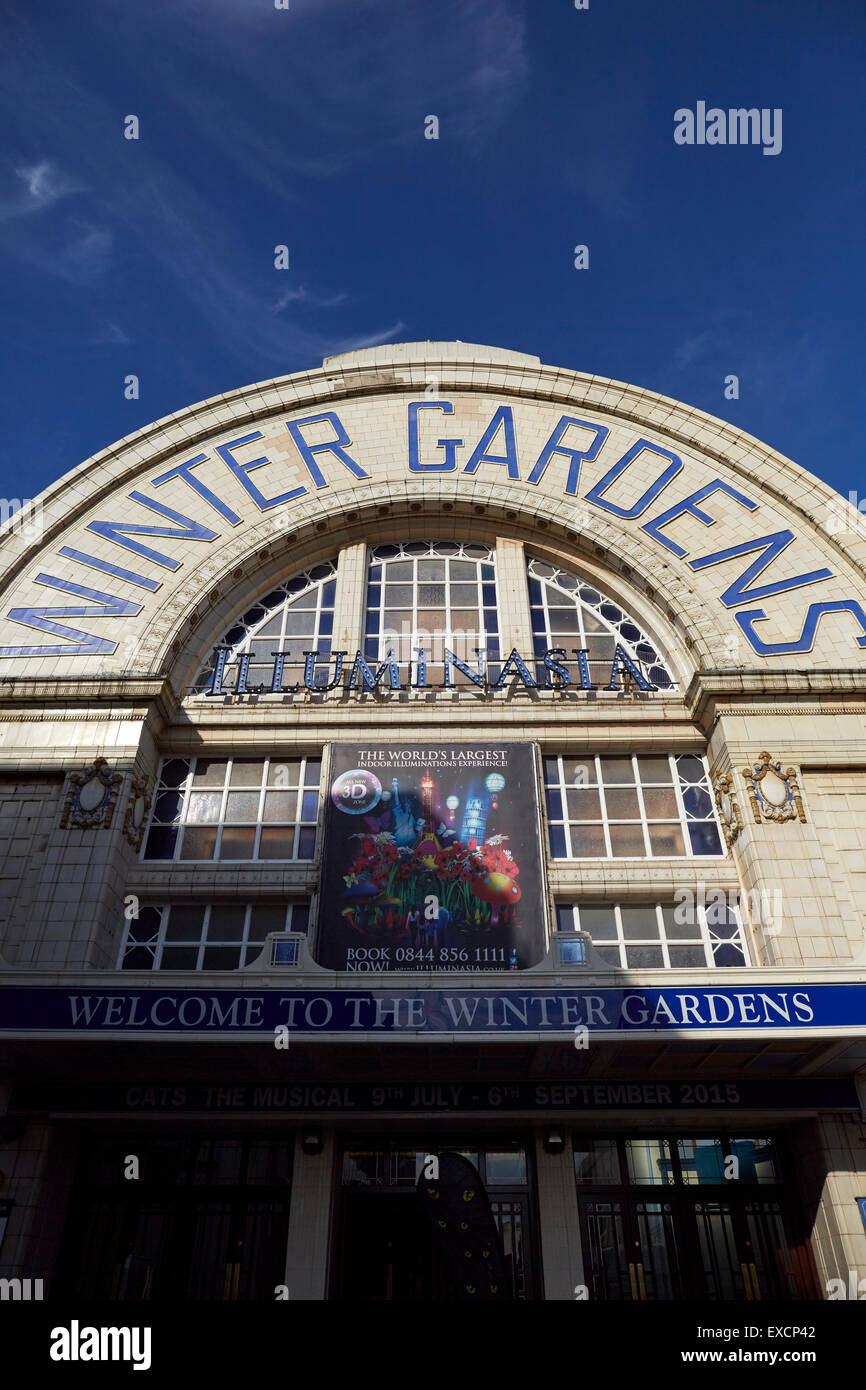 Winter Gardens segno sull'esterno dell'edificio 1870 1878 xix secolo 845- adulti sala da ballo Arcaid beach Blackpool British Foto Stock