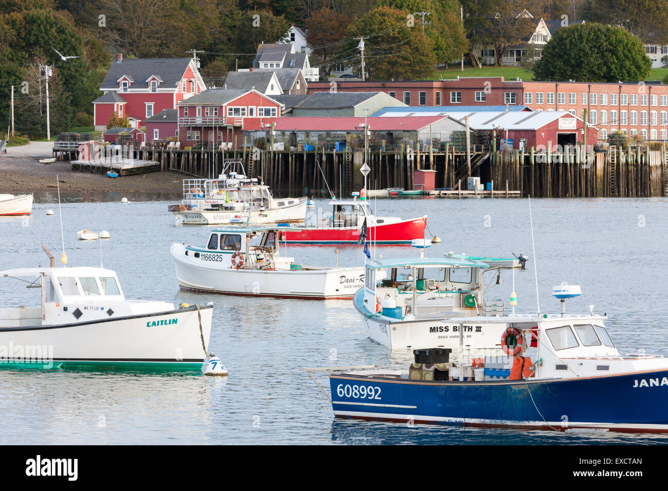 Lobster barche ormeggiate in porto basso in Tremont, Maine. Foto Stock