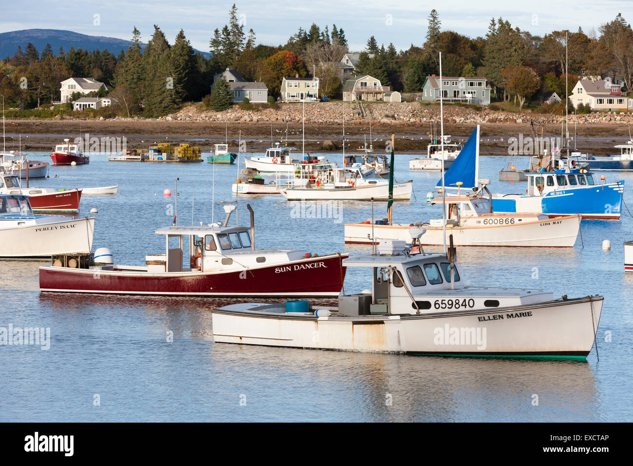 Lobster barche ormeggiate in porto basso in Tremont, Maine. Foto Stock