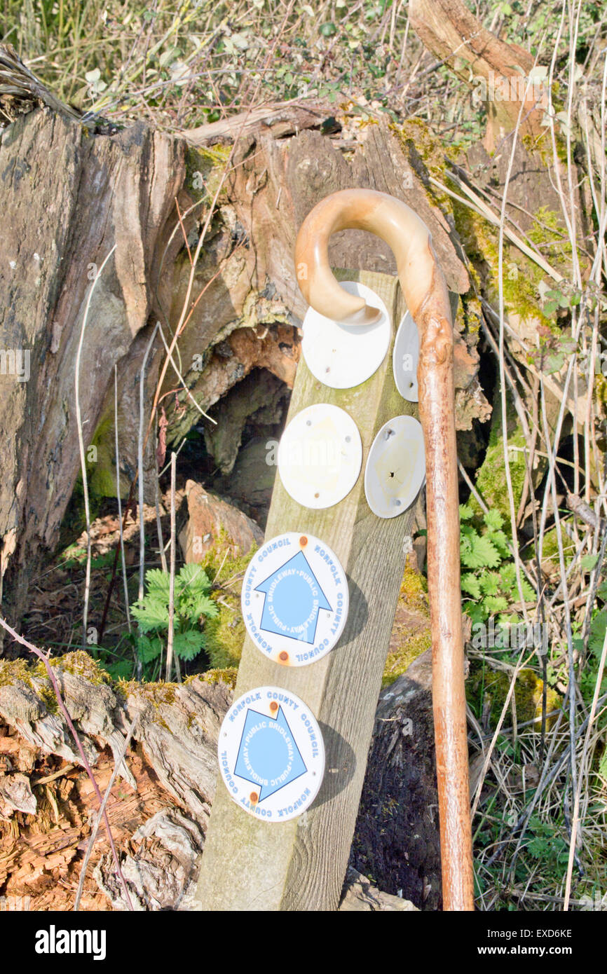 Pastore crook bastone in appoggio contro un pubblico bridleway post Foto Stock