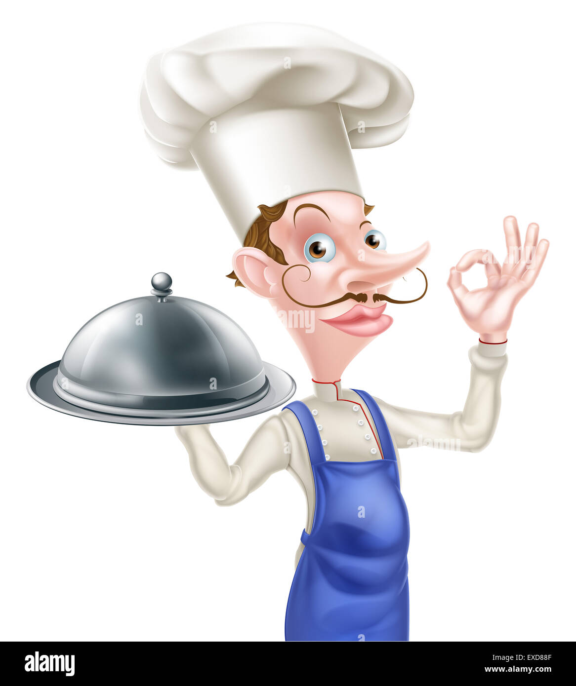 Una illustrazione di un cartoon chef facendo una perfetta o okay segno e tenendo un siver dome piatto Foto Stock