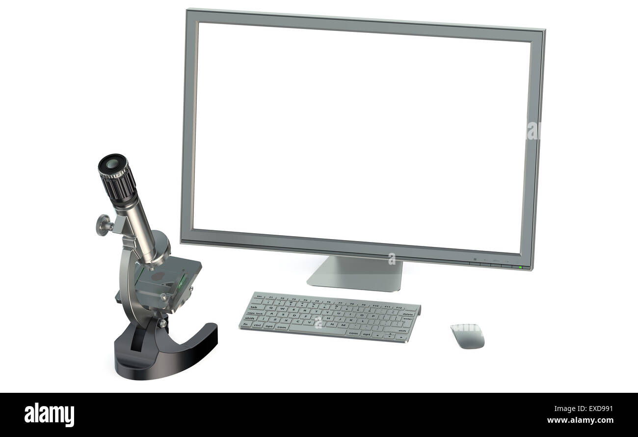 Microscopio e il monitor di un computer con schermo bianco isolato su sfondo bianco Foto Stock