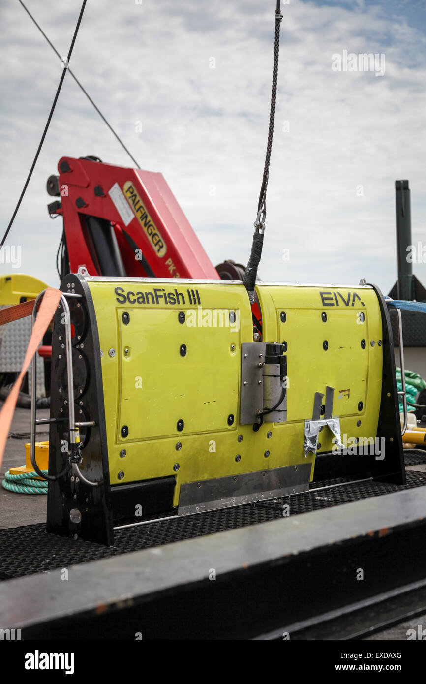 Un EIVA Scanfish III ROTV piattaforma con un C-Max lato Sonar di scansione utilizzata per un sondaggio offshore nel Mare del Nord Foto Stock