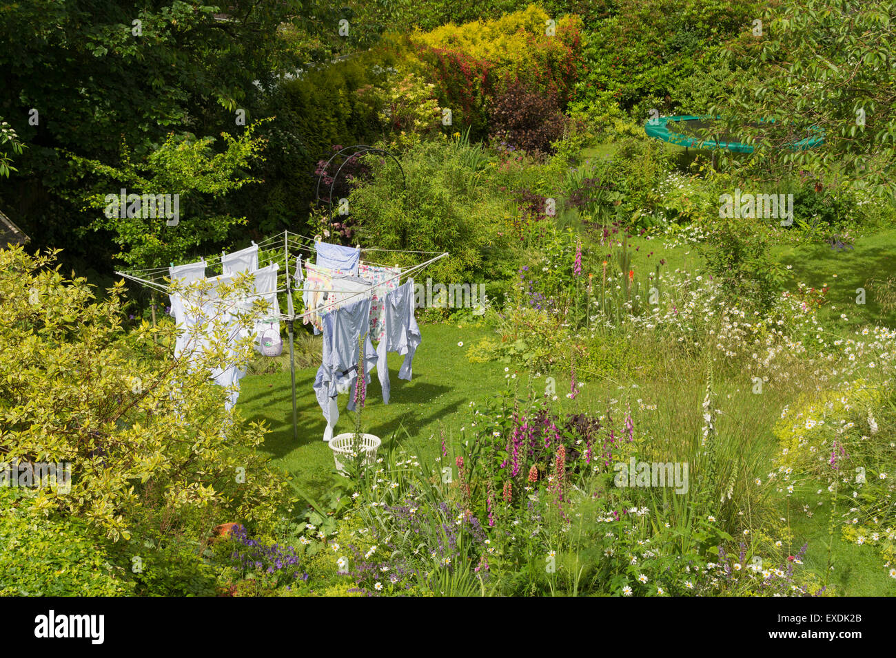 Il lavaggio appesi ad asciugare su airer rotante linea di lavaggio in pieno di fiori selvatici della famiglia giardino in Scozia, Regno Unito Foto Stock