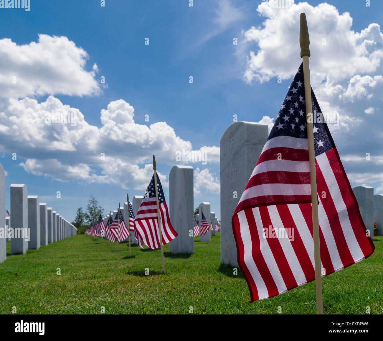 Righe della tomba di pietre e bandierine americane in Sarasota Cimitero Nazionale in Sarasota Florida Foto Stock