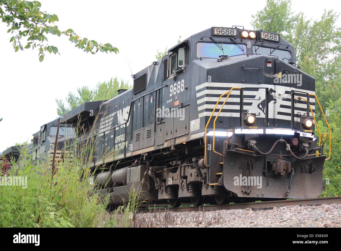 Norfolk Southern Train lungo il fiume Mississippi vicino a Prairie du Chien, Wisconsin. Foto Stock