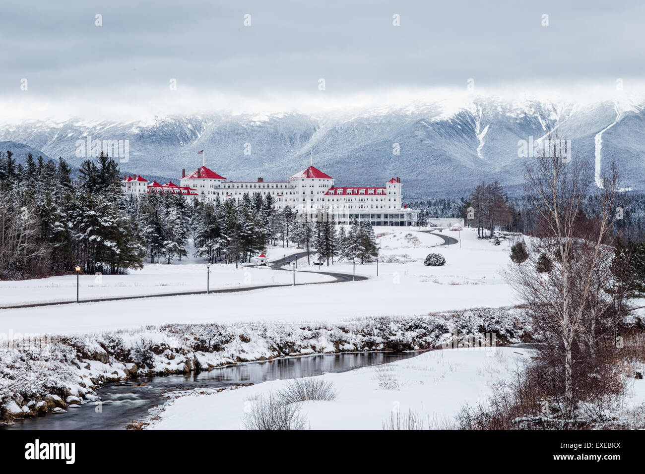 Mount Washington Hotel ricoperta di neve, le istituzioni di Bretton Woods, New Hampshire Foto Stock