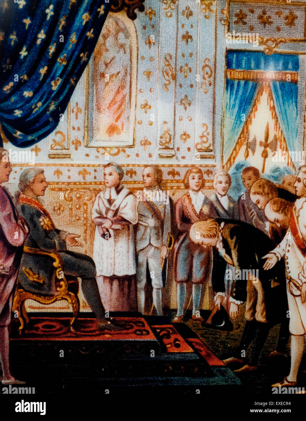 Benjamin Franklin la prima udienza con il Re Luigi XVI, a Versailles, 20 marzo 1778 - Protocollo non ha permesso a Re Luigi XVI per soddisfare American inviati fino a che la Francia non riconosciuta indipendenza americana (che è stato fatto il 6 febbraio). Il prossimo 20 marzo, 24 anni, Re Luigi XVI ha ricevuto la delegazione americana. Benjamin Franklin ha creato una sensazione inserendo la presenza reale in una pianura tuta repubblicana Foto Stock