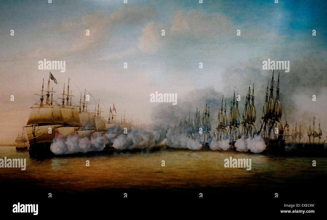 La battaglia di Negapatam Luglio 6, 1782 In India, una coalizione di popoli nativi sostenuta e appoggiata dalla Francia hanno combattuto per cacciare i britannici. Francese forze navali combattuto la Royal Navy nel tentativo di stabilire la supremazia in acque asiatiche, come l'impegno vicino Negapatam, India. Foto Stock