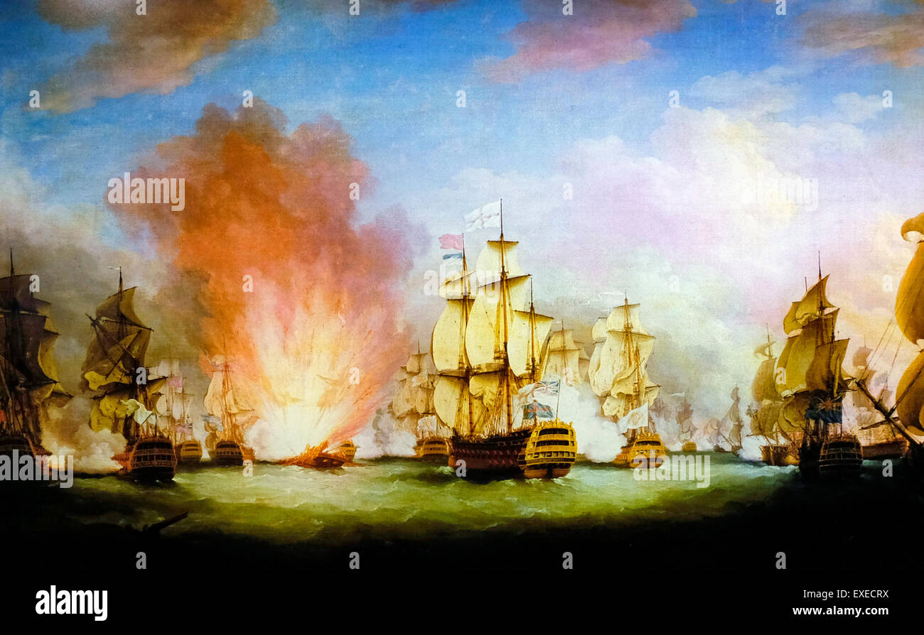 Il Moonlight battaglia a largo di Capo di Vincent, 16 Gennaio 1780 In un raro momento di notte la battaglia navale, ammiraglio inglese George Rodney eliminato una flotta spagnola al largo della costa della Spagna, che era stata una grave minaccia alla British Naval Operations Richard Paton 1782 Foto Stock