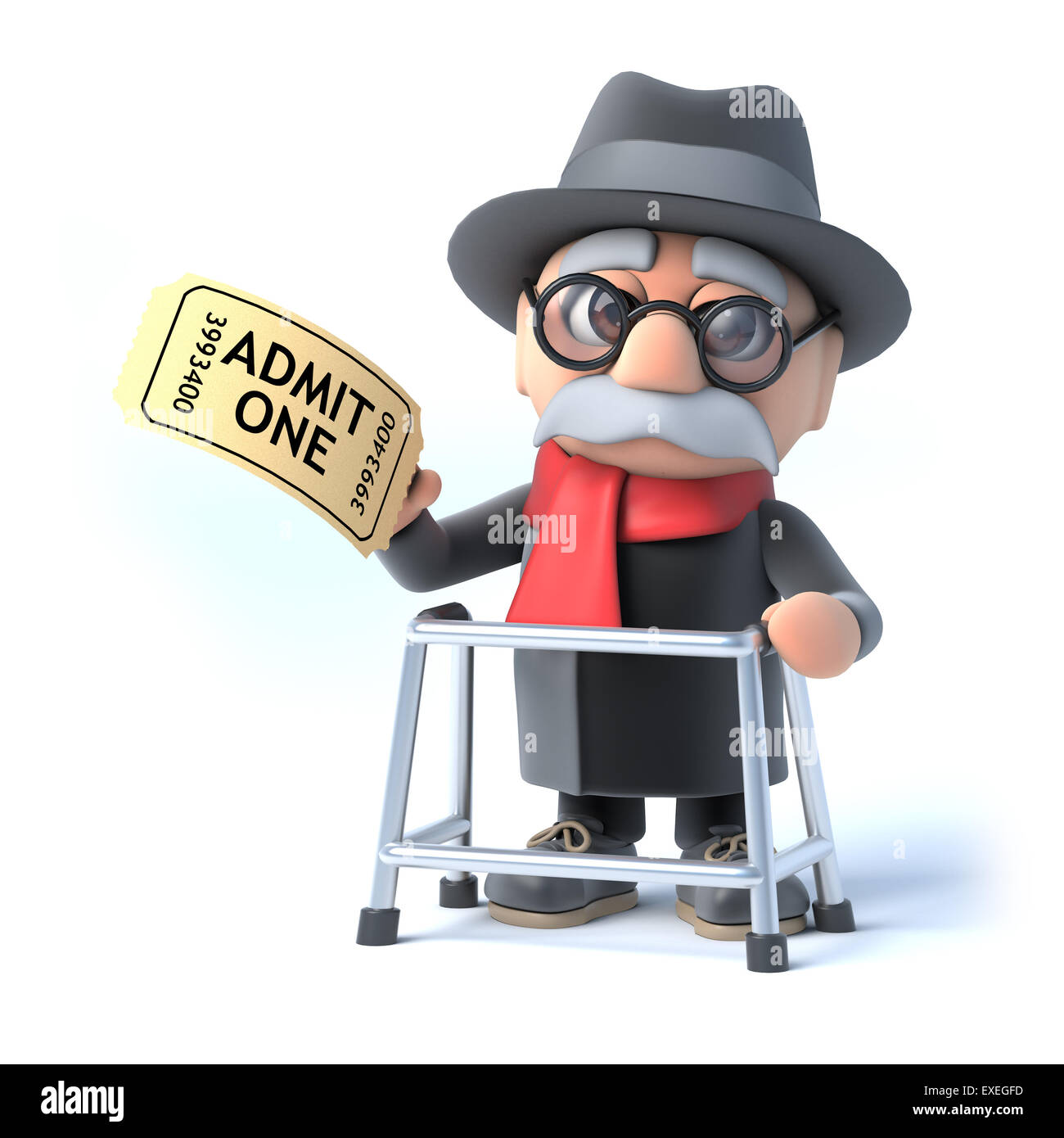 3D rendering di un uomo vecchio con un telaio a piedi in possesso di un biglietto di ingresso Foto Stock