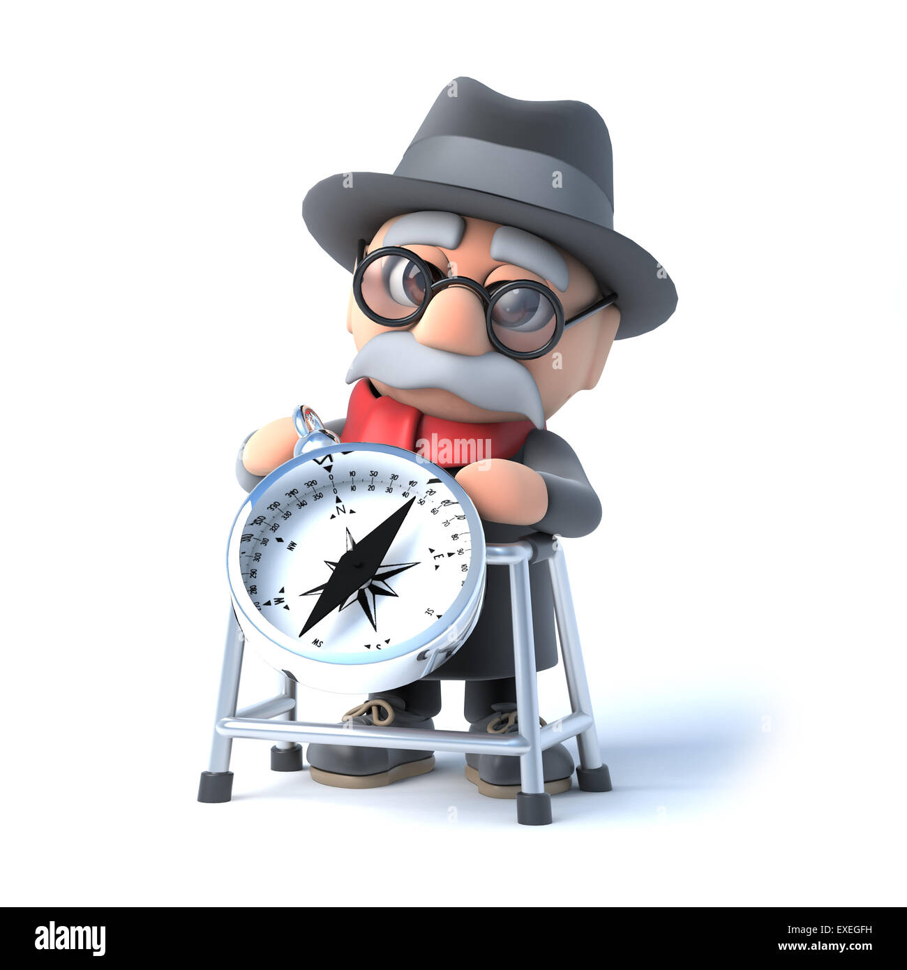 3D rendering di un uomo vecchio con telaio a piedi e bussola Foto Stock