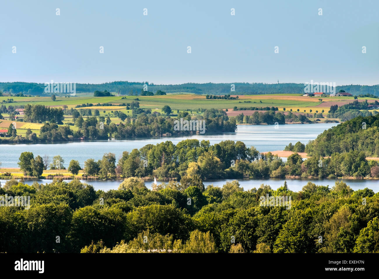 Lago Waginger vedere, vista da Mühlberg, Waging am See, Chiemgau, Alta Baviera, Baviera, Germania Foto Stock