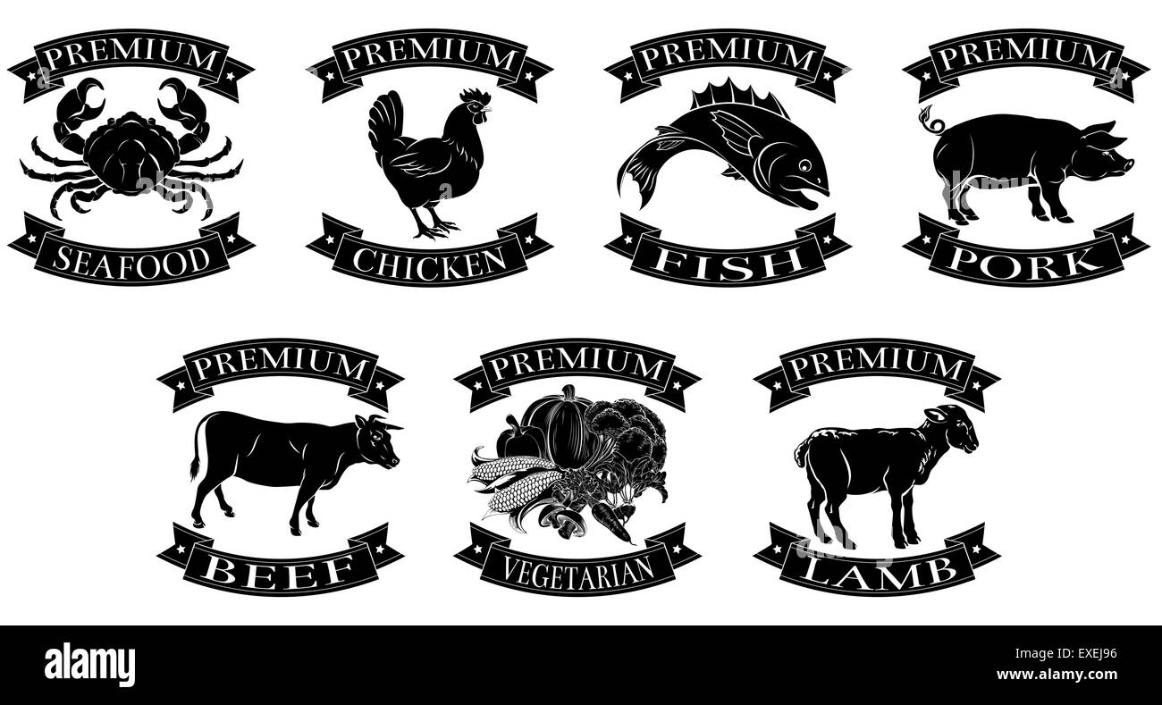 Un insieme di etichetta alimentare illustrazioni per le carni bovine di frutti di mare Pesce Pollo la carne di maiale e di agnello cibo vegetariano gruppi premium di lettura Foto Stock