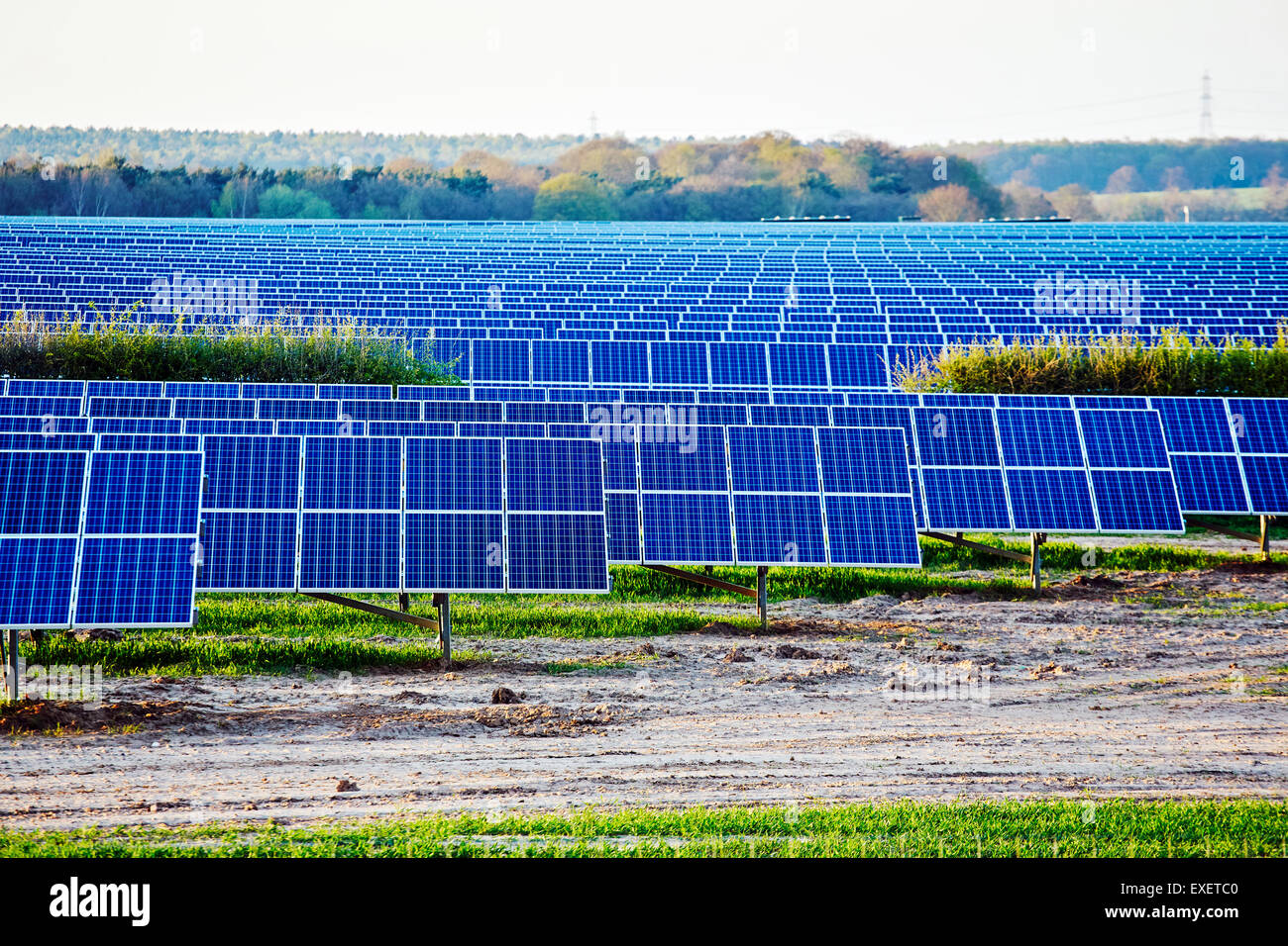 Vista di una energia solare impianto di generazione in un fileld in Inghilterra Foto Stock