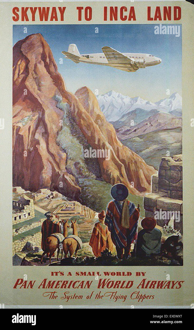 Questo poster vintage PanAm Inca promuove i servizi della compagnia aerea durante l'età d'oro del viaggio aereo. Mette in evidenza l'esperienza lussuosa offerta dal PanAm, che rappresenta un'era iconica nella storia dell'aviazione. Foto Stock