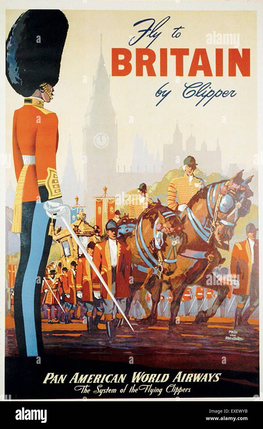 Questo poster vintage della Pan American Airways mostra i servizi della compagnia aerea verso la Gran Bretagna, promuovendo i viaggi aerei internazionali durante la metà del XX secolo. Foto Stock