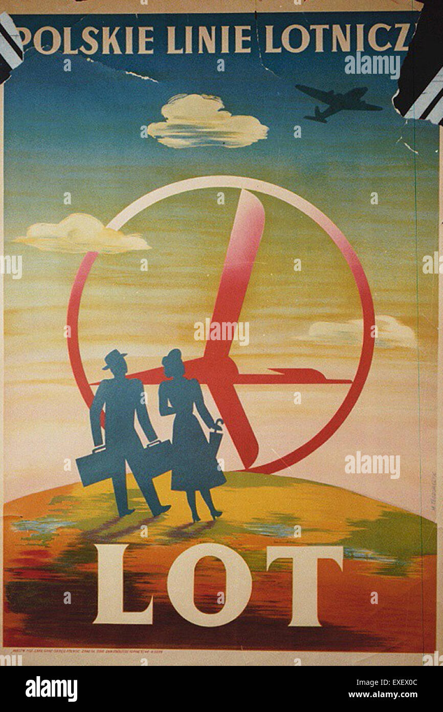 Questo poster, di LOT Polish Airlines, presenta una pubblicità vintage che mette in evidenza i servizi e le rotte della compagnia aerea. LOT Polish Airlines è una delle compagnie aeree più antiche al mondo, con una storia che risale al 1929. Foto Stock