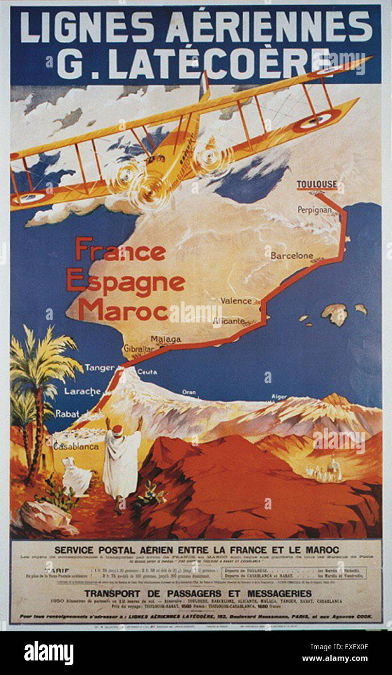 Questo poster vintage di Lignes Aériennes, una compagnia aerea francese, mostra i primi materiali promozionali della compagnia aerea. La compagnia aerea era nota per i suoi contributi all'aviazione all'inizio del XX secolo, con particolare attenzione ai viaggi aerei in Francia e in Europa. Foto Stock