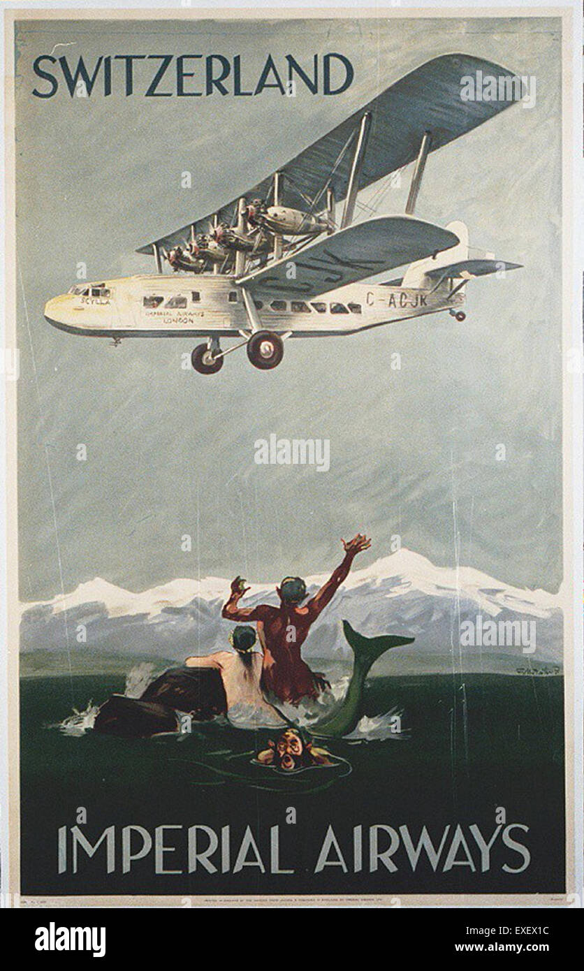 Questo poster vintage promuove Imperial Airway Switzerland, mostrando i servizi e gli aerei della compagnia aerea. Imperial Airway fu uno dei primi operatori nello sviluppo dei viaggi aerei internazionali, in particolare in Europa. Foto Stock