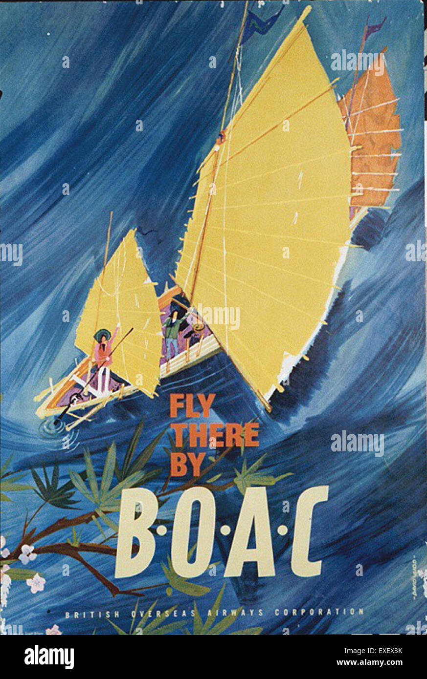Questo poster vintage BOAC (British Overseas Airways Corporation) promuove i viaggi aerei a metà del XX secolo. BOAC era una delle principali compagnie aeree britanniche che contribuì a rendere popolare il trasporto aereo internazionale. Foto Stock