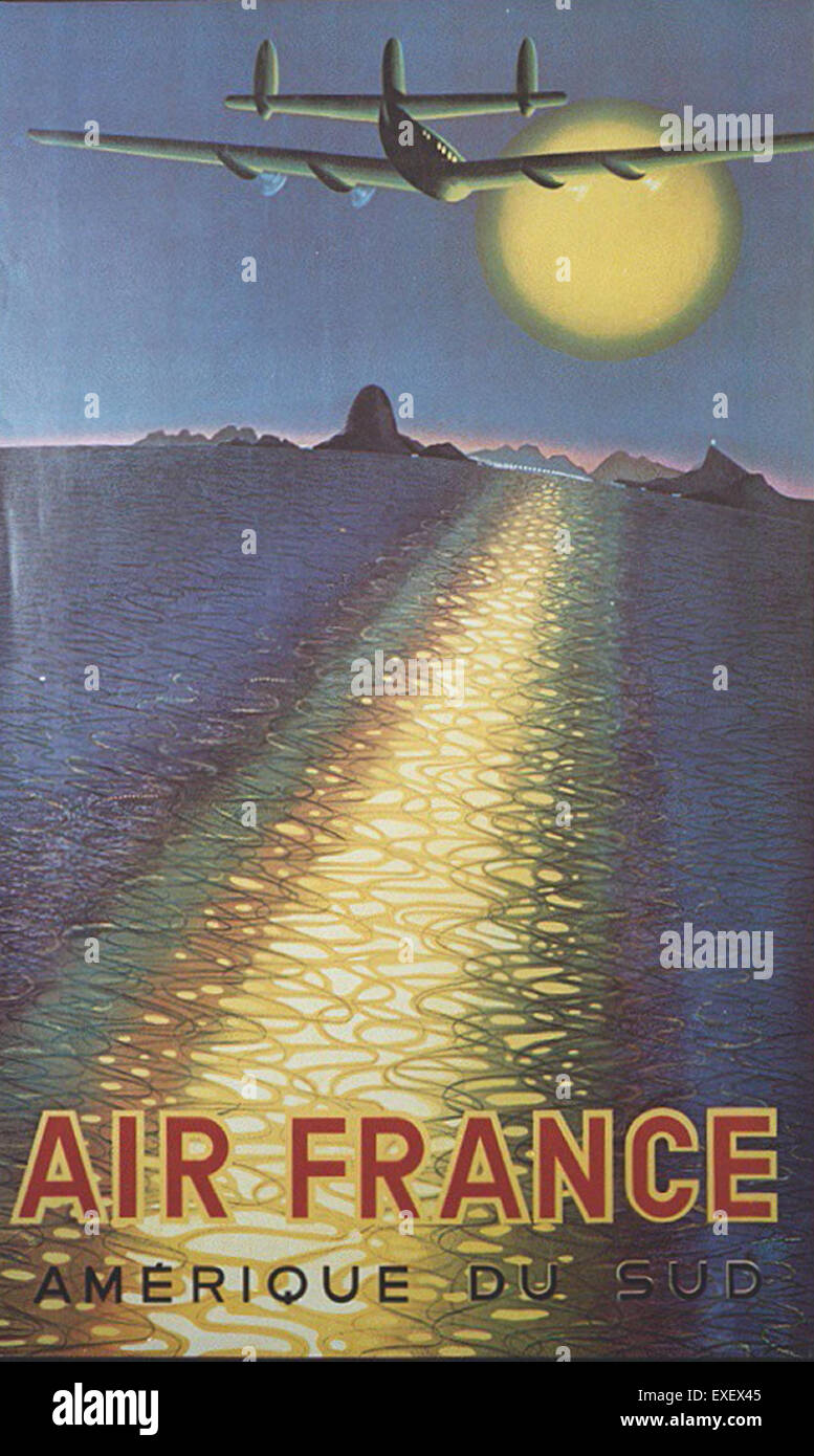 Questo poster vintage Air France pubblicizza i voli per il Sud America, mostrando i servizi della compagnia aerea durante la metà del XX secolo. Il poster riflette lo stile e il design dell'epoca d'oro dei viaggi aerei. Foto Stock