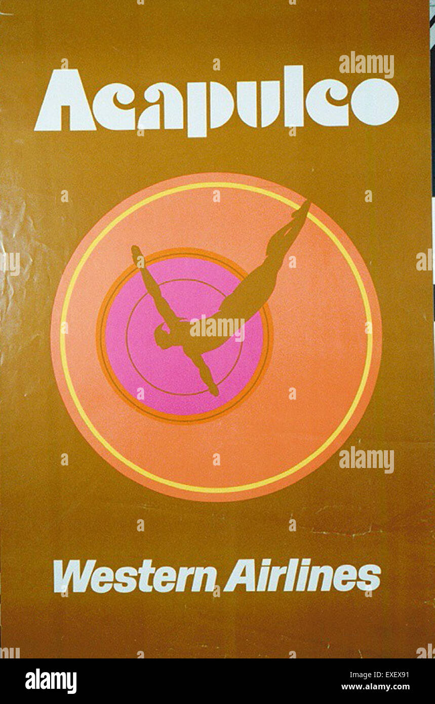 Questo poster vintage di Western Airlines presenta una splendida immagine di Acapulco, Messico, che mostra i servizi della compagnia aerea verso le più famose destinazioni turistiche. WESTERN Airlines ha svolto un ruolo chiave nella promozione dei viaggi aerei da e verso l'America Latina a metà del XX secolo. Foto Stock