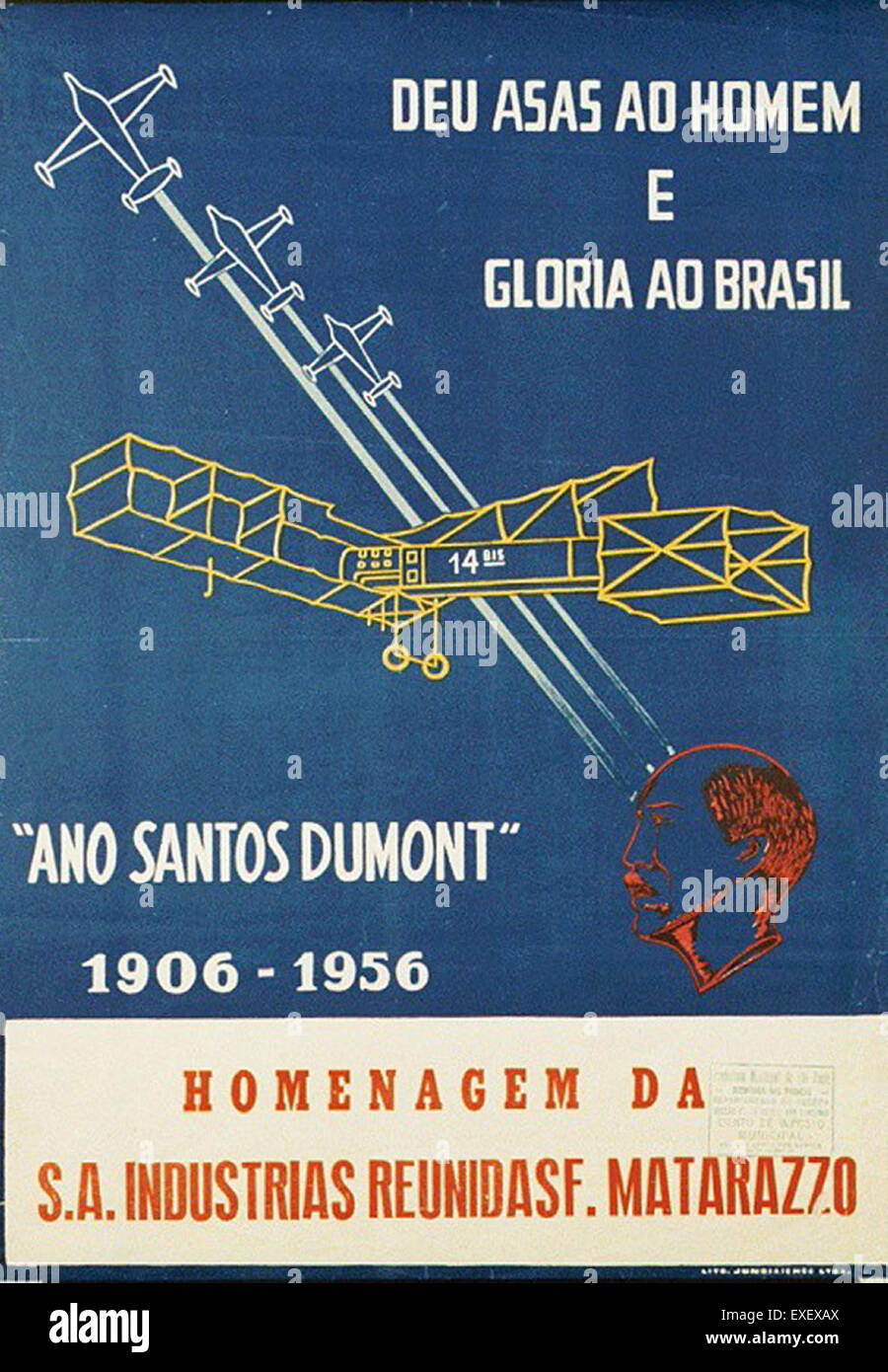 Questo poster commemora il 50° anniversario dello storico volo di Alberto Santos-Dumont nel 1906, segnando il primo volo di successo di una macchina più pesante dell'aria in Europa, una pietra miliare nella storia dell'aviazione. Foto Stock