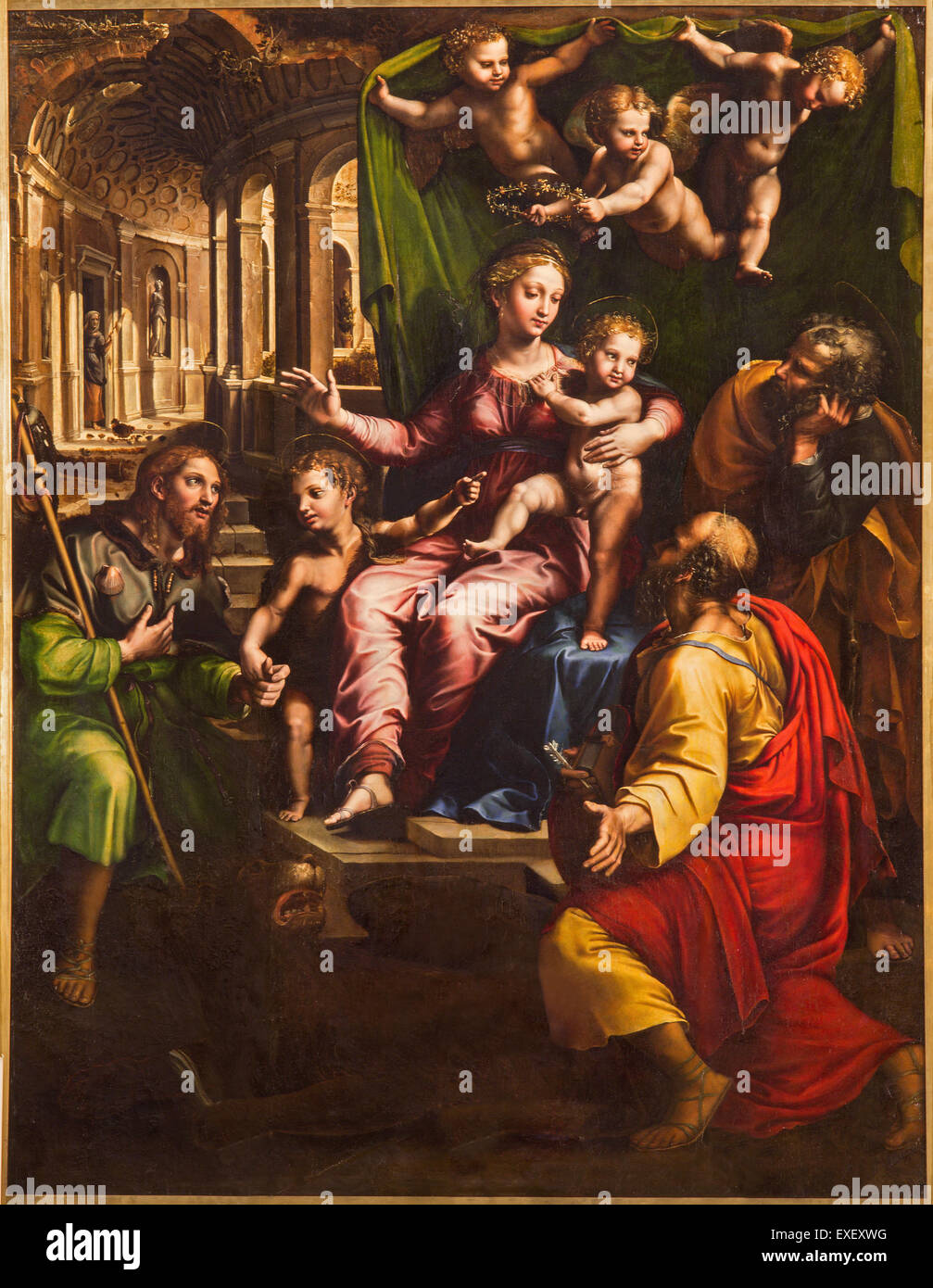 Roma - Il dipinto sulla mian altare 'Sacred conversazione con i Santi Marco e Giovanni" nella Chiesa di Santa Maria dell'Anima. Foto Stock