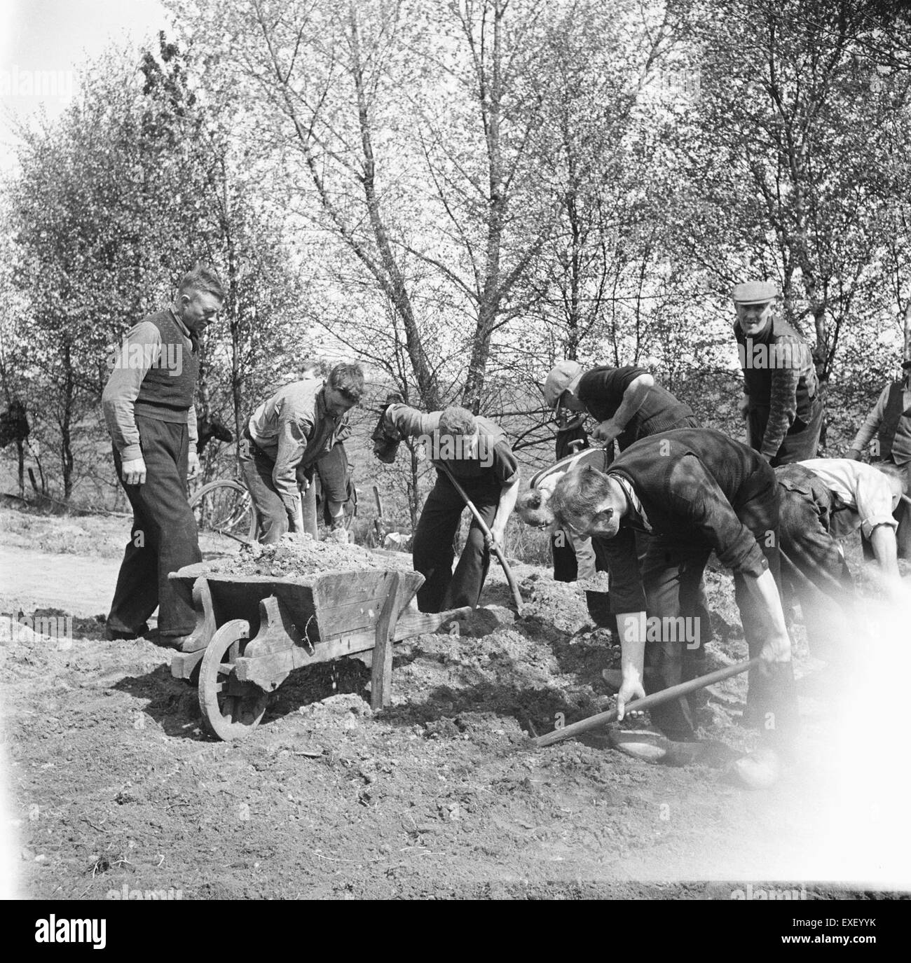 Una fotografia storica che mostra i lavoratori dell'NSB che eseguono lavori forzati nei Paesi Bassi durante la seconda guerra mondiale. L'immagine serve a ricordare le dure condizioni e l'impatto della guerra sulla popolazione civile. Foto Stock
