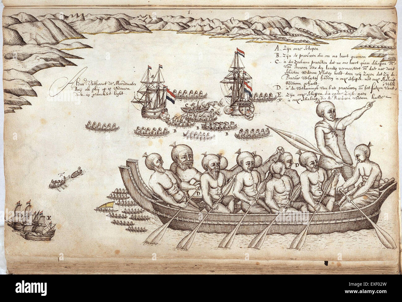 "The Discovery of New Zealand by Abel Tasman" (la scoperta della nuova Zelanda da parte di Abel Tasman) rappresenta l'evento storico del 1642, quando Abel Tasman raggiunse per la prima volta le coste della nuova Zelanda, segnando un momento chiave nella storia dell'esplorazione. Foto Stock
